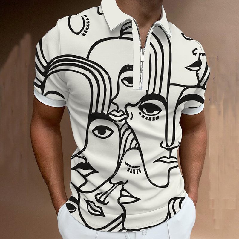 Abstract Face Printed Summer Casual Short Sleeve Zipper Men's Polo Shirts-VESSFUL