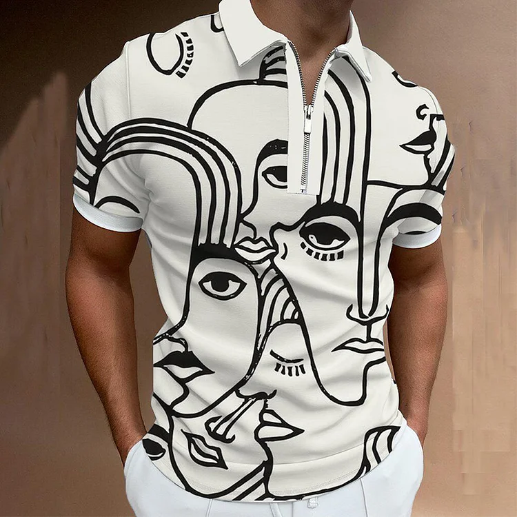 Abstract Face Printed Summer Casual Short Sleeve Zipper Men's Polo Shirts at Hiphopee