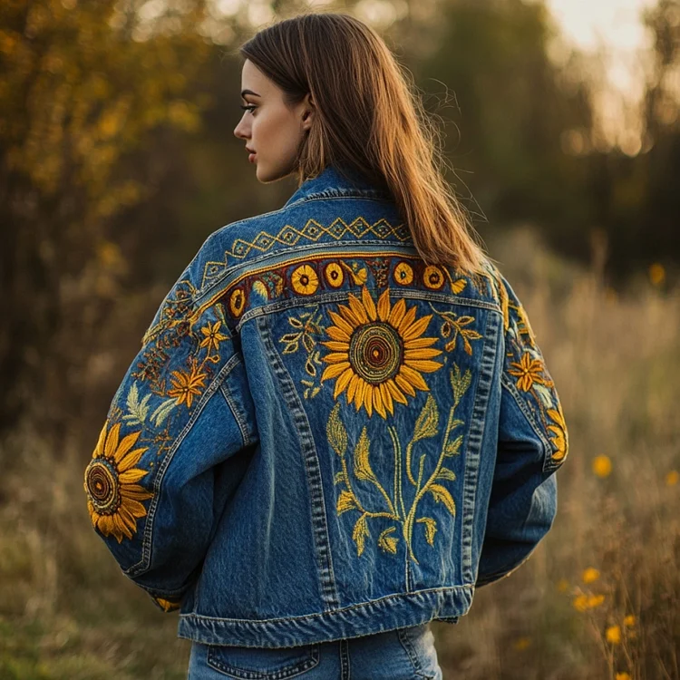 VChics Ukrainian Sunflower Embroidered Denim Jacket