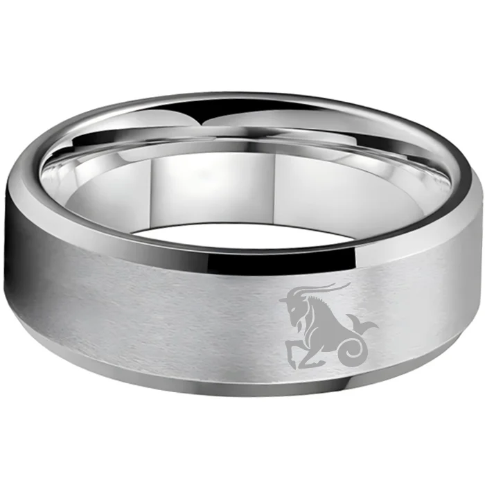 Sliver Edges and Laser Etched Wedding Band Comfort Fit Mens Womens Sliver Capricorn Tungsten Carbide Rings 4MM 6MM 8MM
