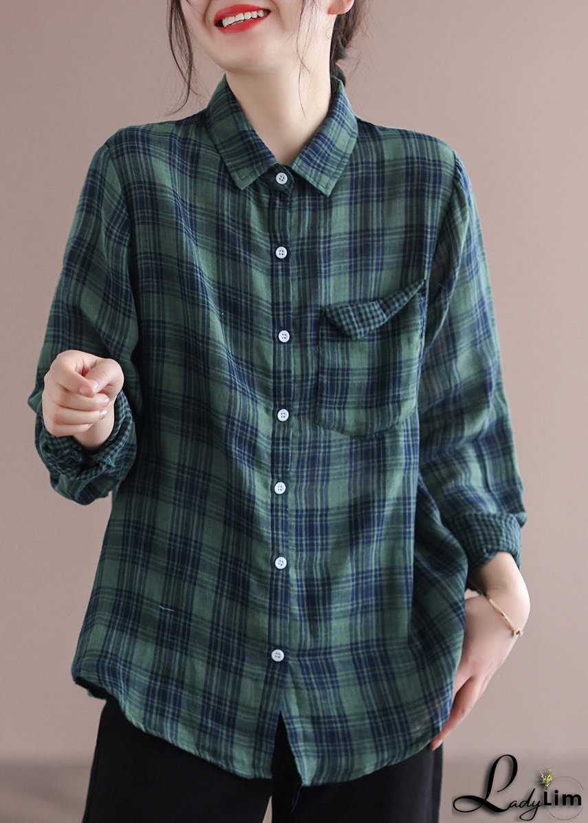 Green Peter Pan Collar Plaid Pockets Cotton Shirt Long Sleeve