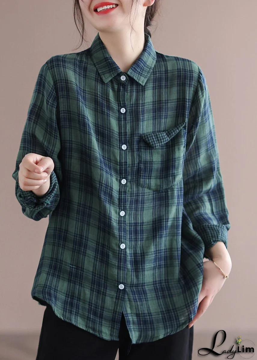 Green Peter Pan Collar Plaid Pockets Cotton Shirt Long Sleeve