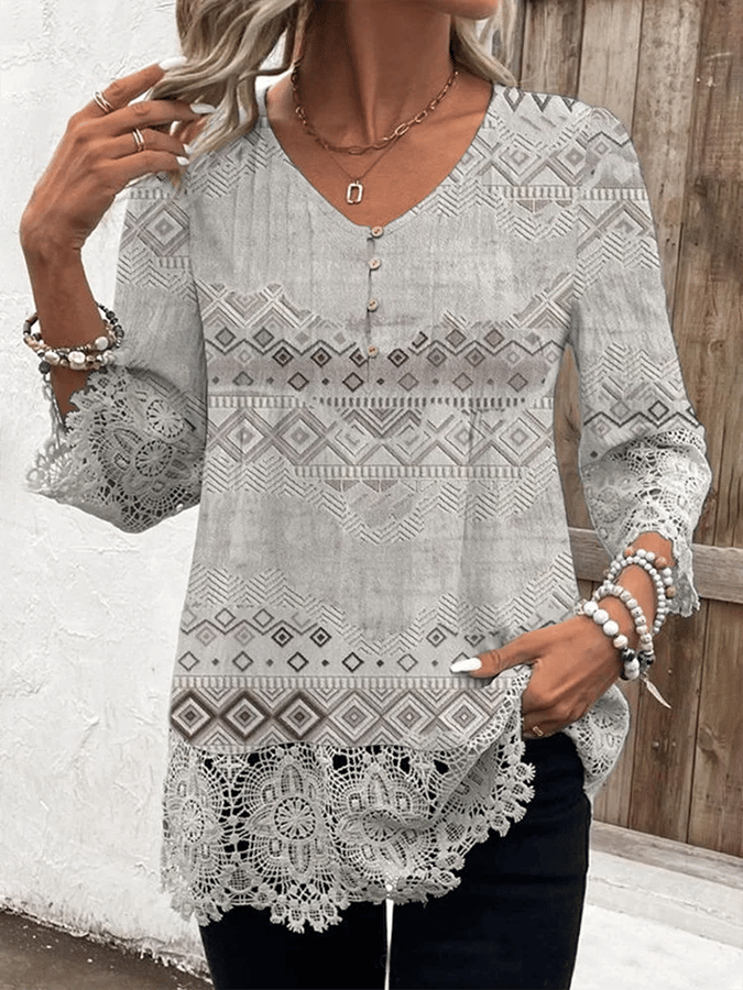 Women's Cotton And Linen V-Neck Lace Splicing Design Casual Button-Down Shirt