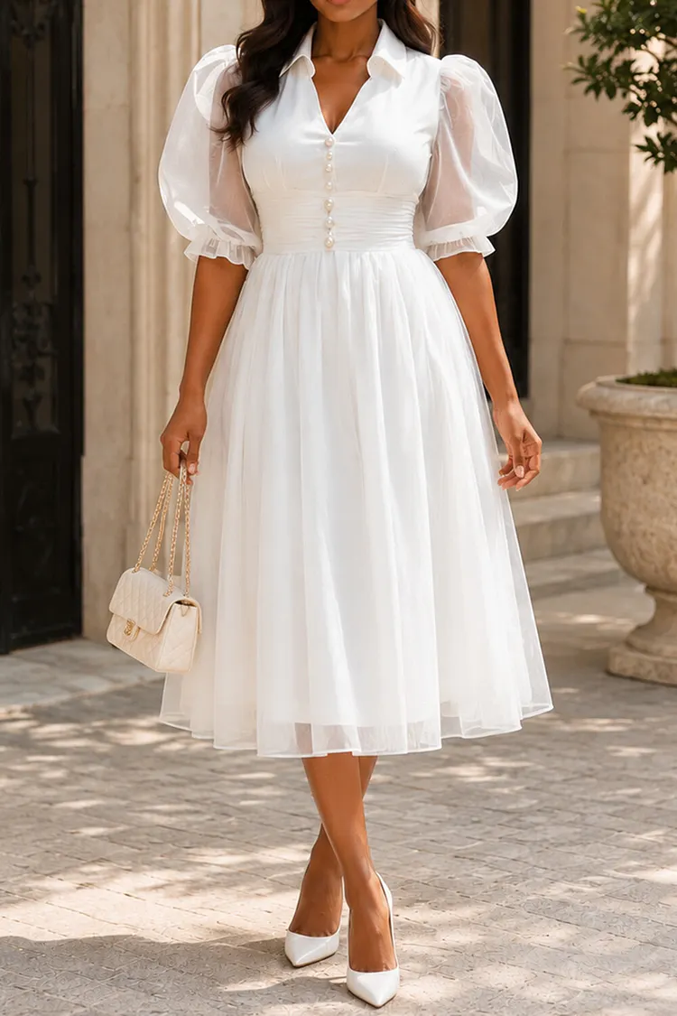 white plus size homecoming dresses Xpluswear Design Wedding Guest Elegant Shirt Collar Puff Sleeve Short Sleeve Pearls Tulle Midi White-2XL/18-20 Fall 24