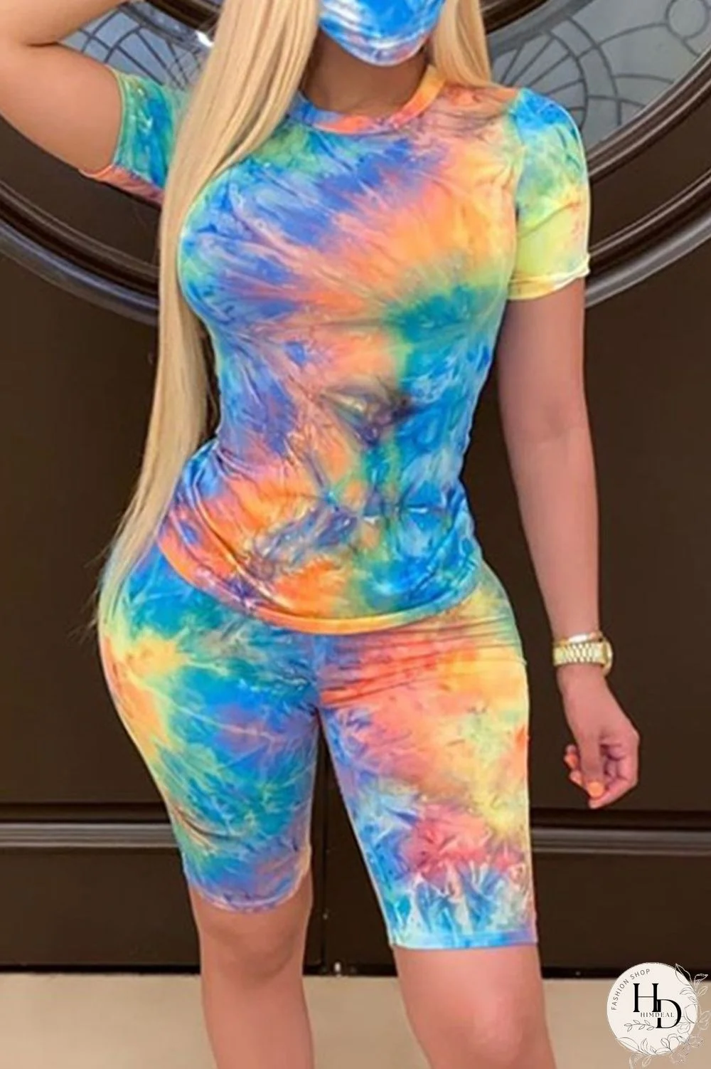 Blue Orange Fashion Casual Print Basic O Neck Short Sleeve Two Pieces