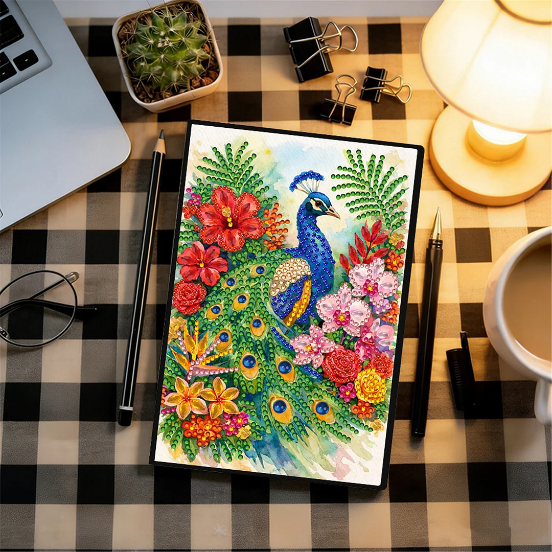 DIY Flower Diamond Painting Journals Notebooks 50 Pages A5 No Lines Special Shaped Diamond Art Kits for Beginners Craft Lovers and Artists (Peacock and Flowers)