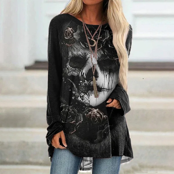 Day Of The Dead Skull Printed Round Neck Tunic