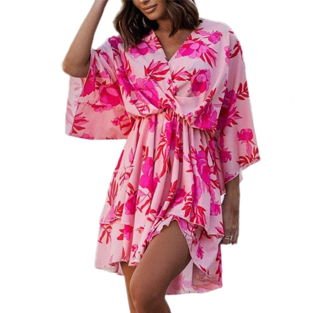 Fashion Dot Print Beach Mini Dresses vestido V-Neck Batwing Half Sleeve Layer Ruffle Hem High-Waist Drawstring Summer Dress robe