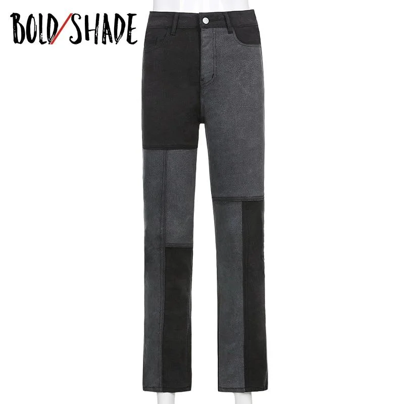 Bold Shade Indie Vintage Patchwork Denim Jeans 90s Grunge Skater Style Teen Girls Jeans Autumn Winter Y2k Trend Fashion Bottoms