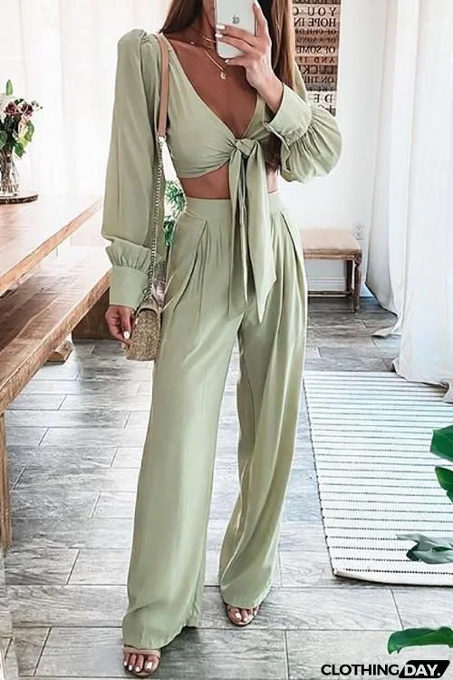 Knot Crop Top Wide Leg Pants Set