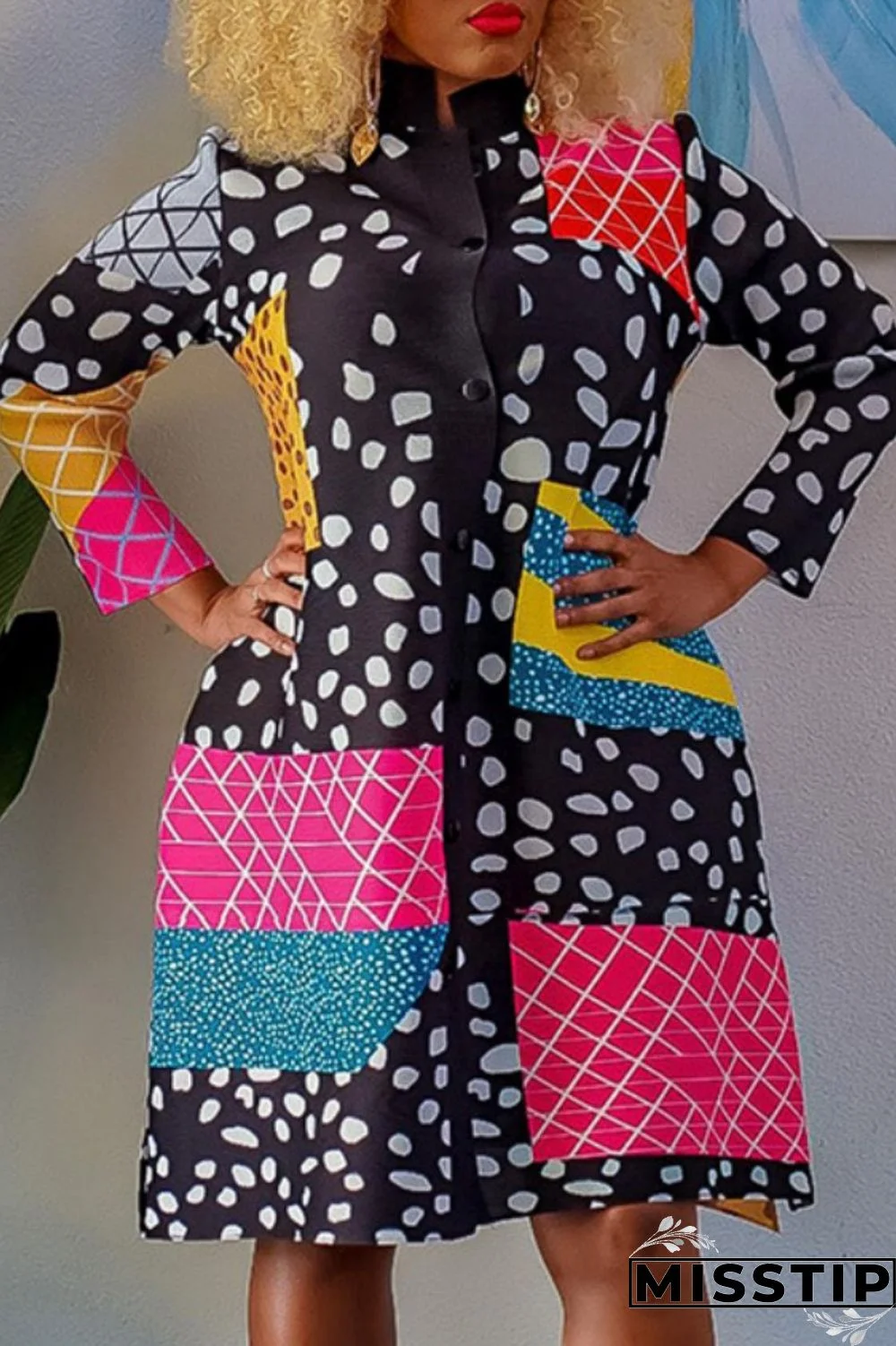 Black Casual Print Patchwork Turndown Collar Shirt Dress Dresses