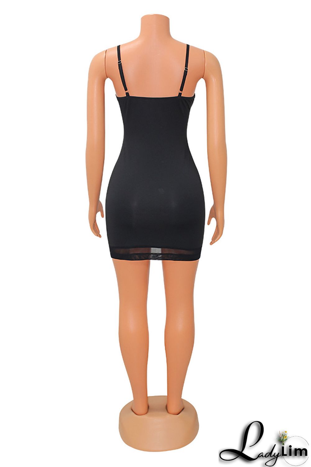 Black Fashion Sexy Solid Patchwork Backless Spaghetti Strap Sleeveless Dress