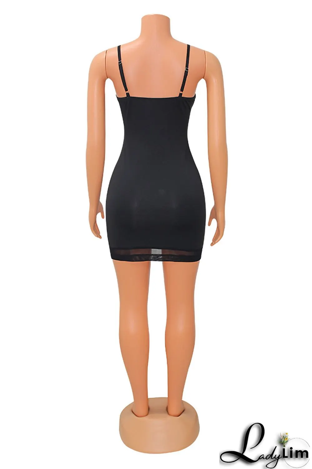 Black Fashion Sexy Solid Patchwork Backless Spaghetti Strap Sleeveless Dress