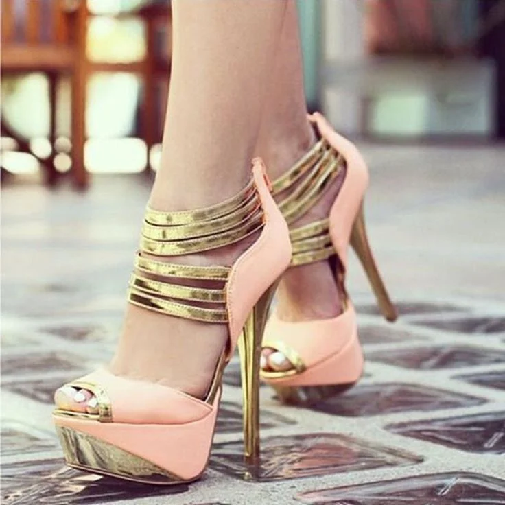 Pink and Gold Platform Sandals Peep Toe High Heel Ankle Strap Sandals |FSJ Shoes