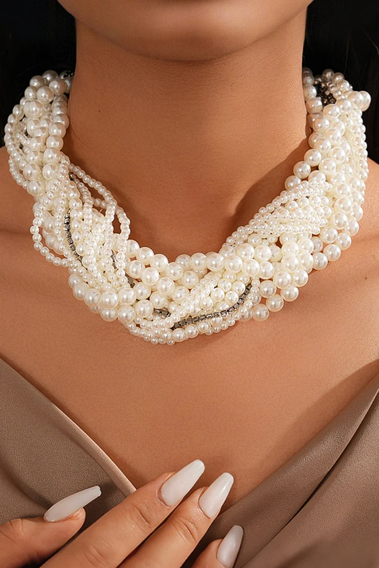 Elegant White Pearl Beads Rhinestone Multi-Layer Necklace 2024 - Xpluswear