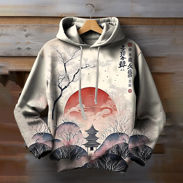 Men's Japanese Art Sunset Landscape Print Drawstring Long Sleeve Hoodie