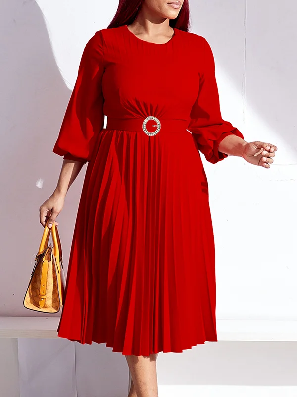 Belted Pleated Bishop Sleeve High Waisted Round-Neck Midi Dresses