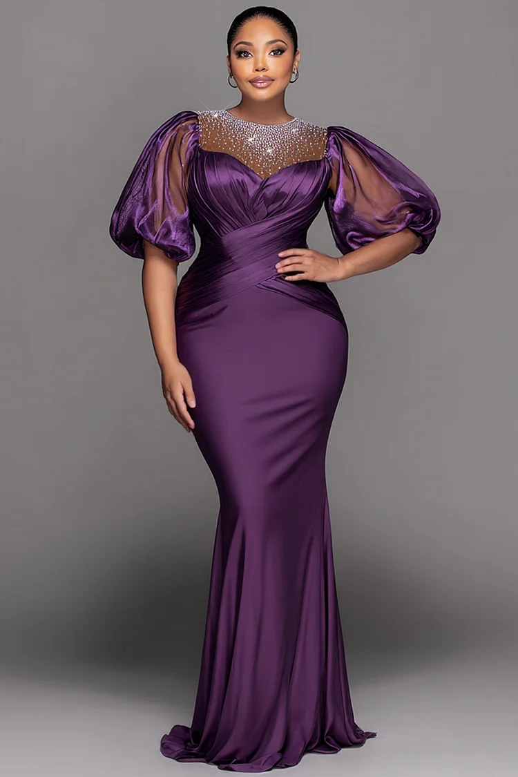Xpluswear Design Plus Size Formal Organza Purple Round Neck Puff Sleeve Short Sleeve Drilling See Through Satin Maxi Dresses [Pre-Order] 2024 - Xpluswear