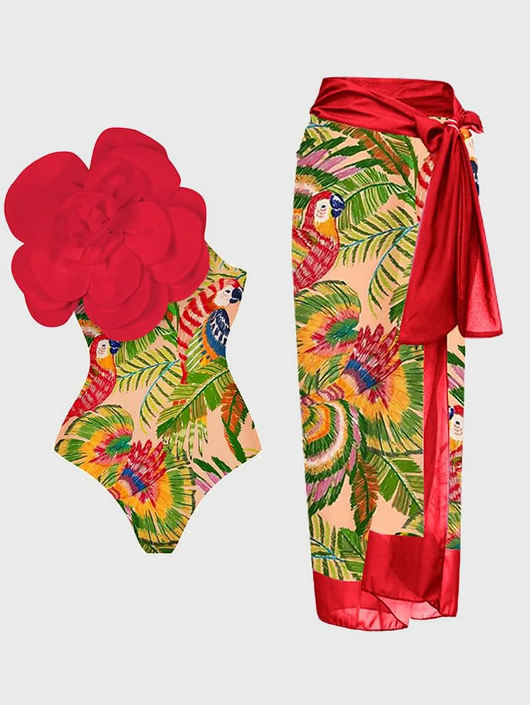 Vacation Allover Pattern 3D Flower One Piece Swimsuit & Cover Up