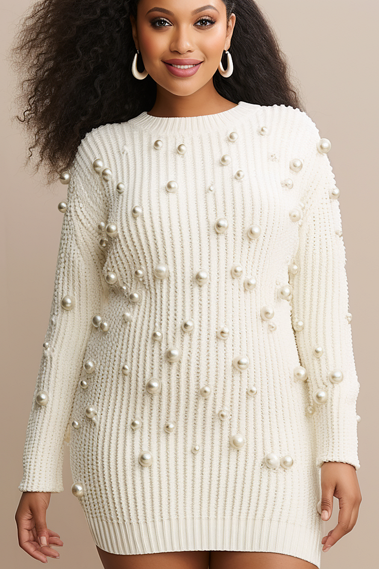 Plus Size Semi Formal Sweaters Casual Ivory Fall Winter Crew Neck Long Sleeve Pearls Crochet Sweaters [Pre-Order]