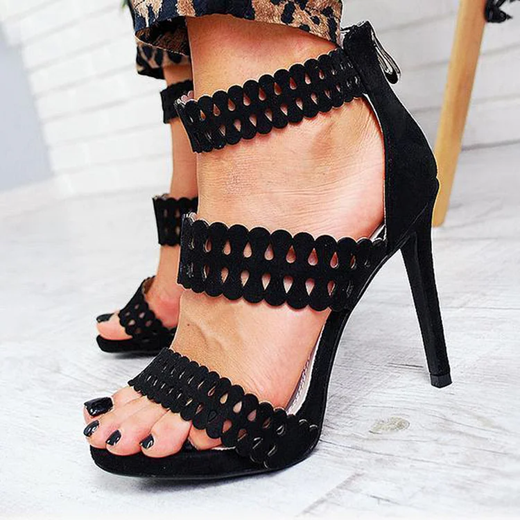 Black Open Toe Straps Sandals Hollow Out Strappy Stiletto Heels |FSJ Shoes