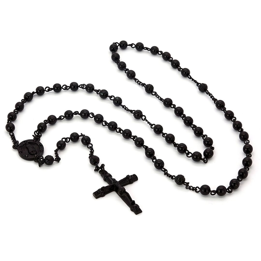 Black Crystal Beads Guadalupe Rosary & Cross Pendants-VESSFUL