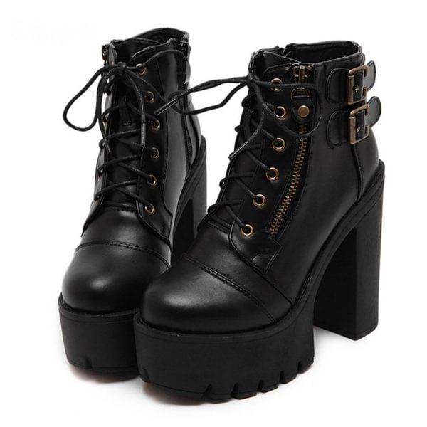 Sale Russian Shoes Black Platform Martin Boots Women Zipper Spring High Heels Shoes Lace Up Ankle Boots - Life is Beautiful for You - SheChoic