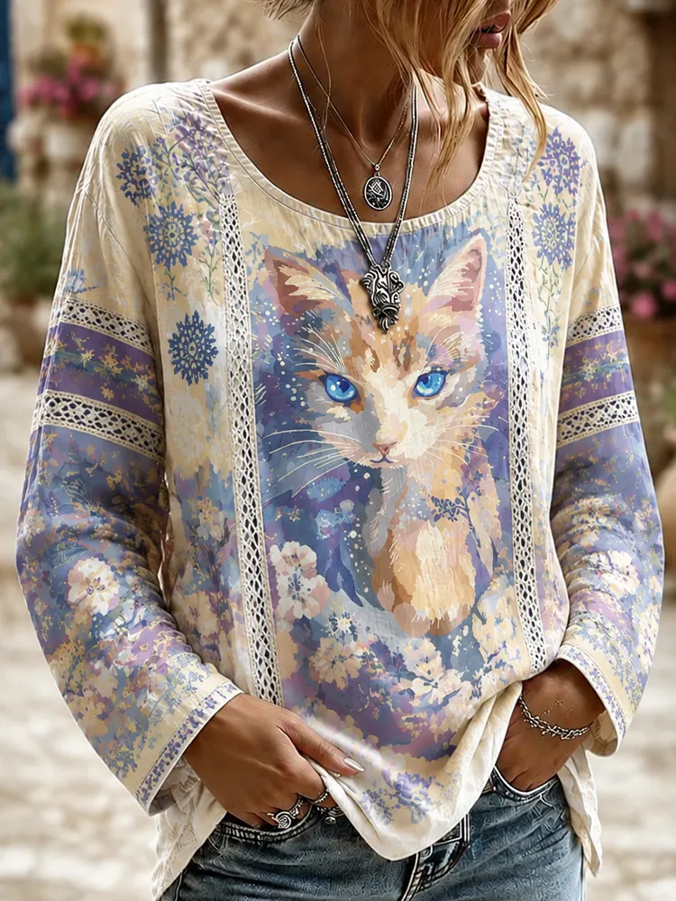 Comstylish Women's Artistic Blue & Purple Gradient Cat Portrait Long-sleeve Top