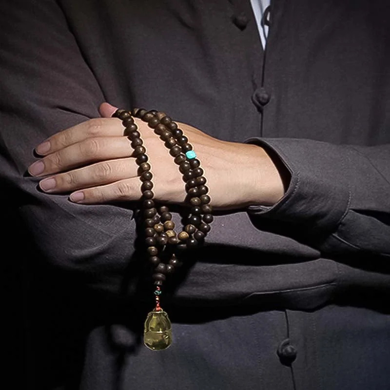 999 Gold 108 Mala Beads Nha Trang Agarwood Amber Turquoise Prayer Meditation Bracelet