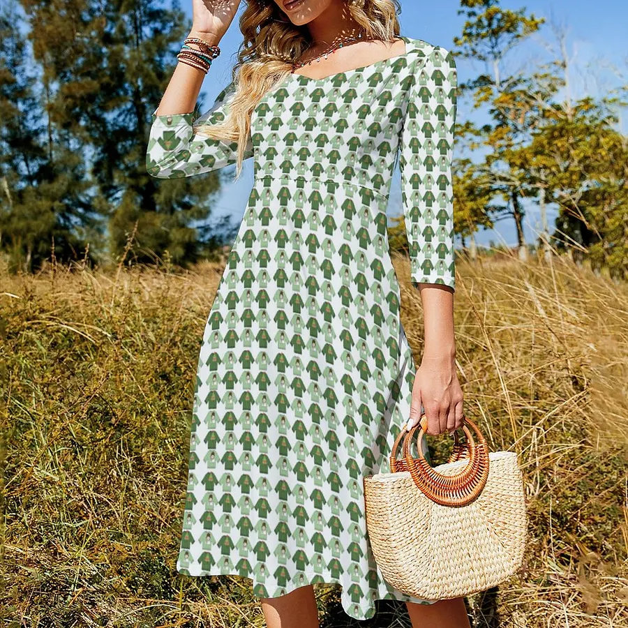 Ugly Christmas Sweaters Green Dress Sweetheart Tie Back Flared 3/4 Sleeve Midi Dresses Green-5XL