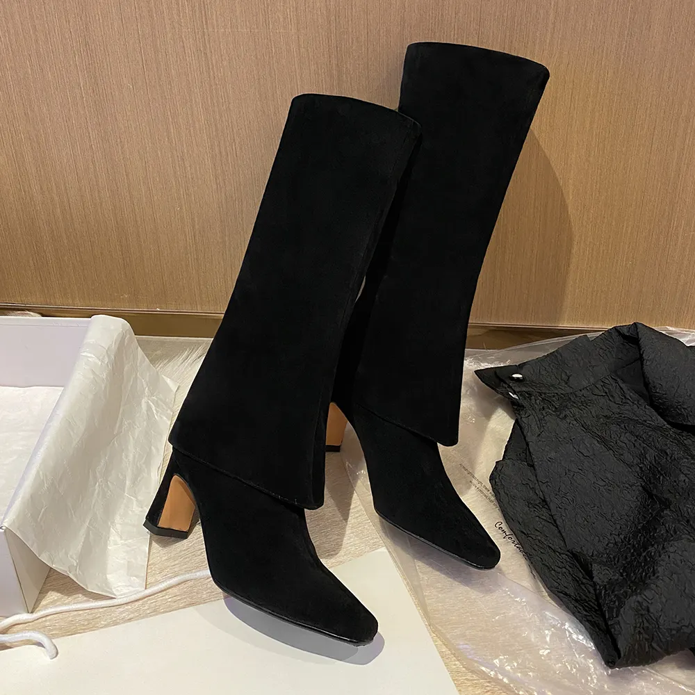 70mm Block Heel Mid-tube Fashion Boots Black Suede-vocosishoes