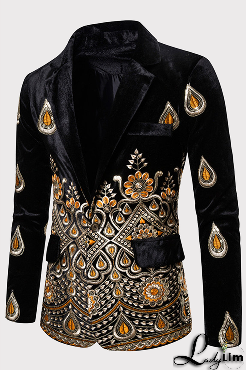 Burgundy Fashion Embroidery Split Joint Buttons Turn-back Collar Outerwear