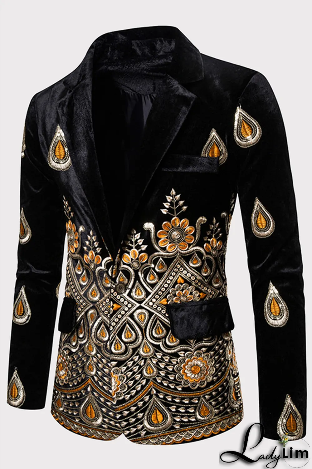 Burgundy Fashion Embroidery Split Joint Buttons Turn-back Collar Outerwear