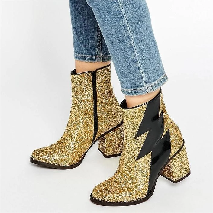 Gold Glitter Boots Patent Leather Lightning Chunky Heel Ankle Boots |FSJ Shoes