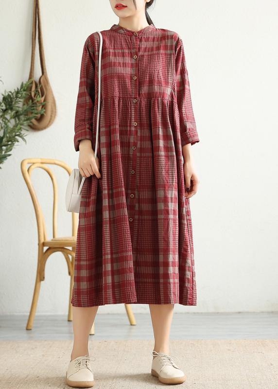 VCSHOES red plaid cotton linen quilting clothes stand collar Cinched Dress