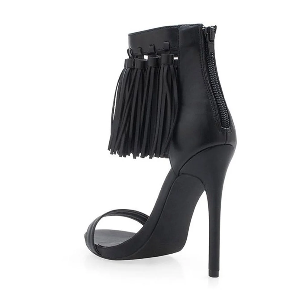 Chic Open Round Toe Tassel Decor Back Zipper Black Heels Sandals