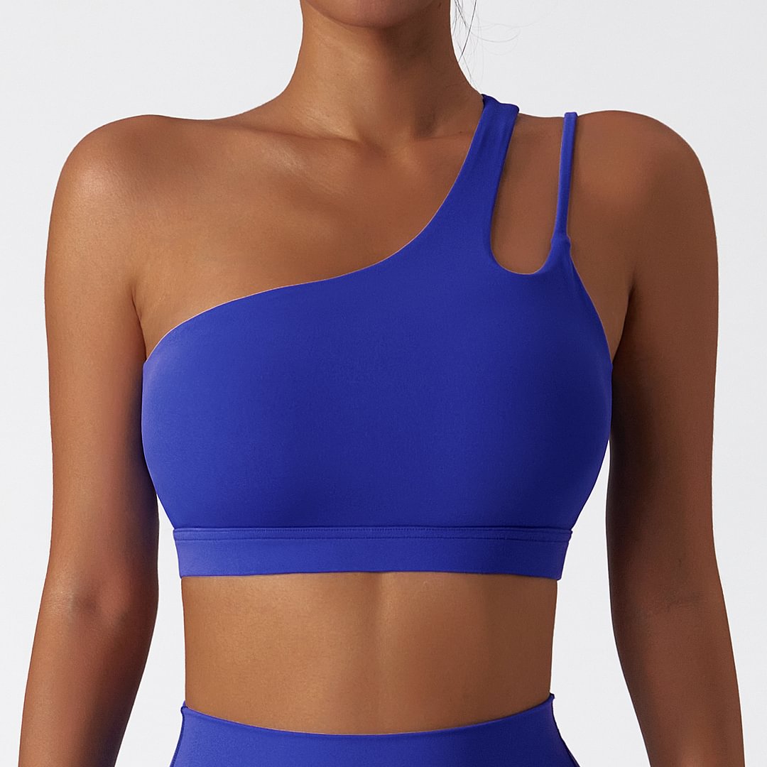 Hergymclothing Klein Blue oblique single shoulder anti slip open back running gym fitness sports bra for sale