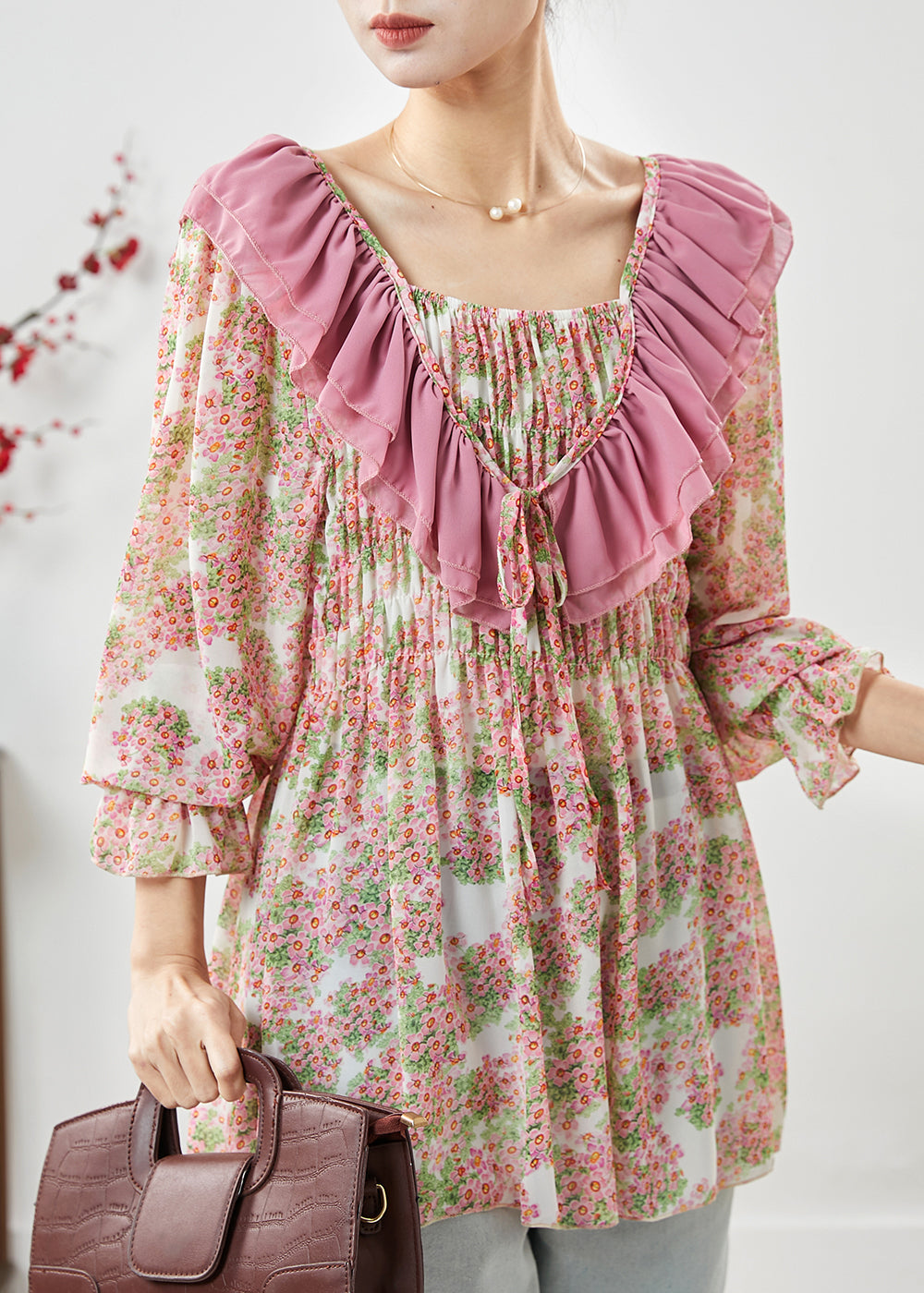 VCSHOES Pink Ruffled Print Chiffon Shirt Top Spring
