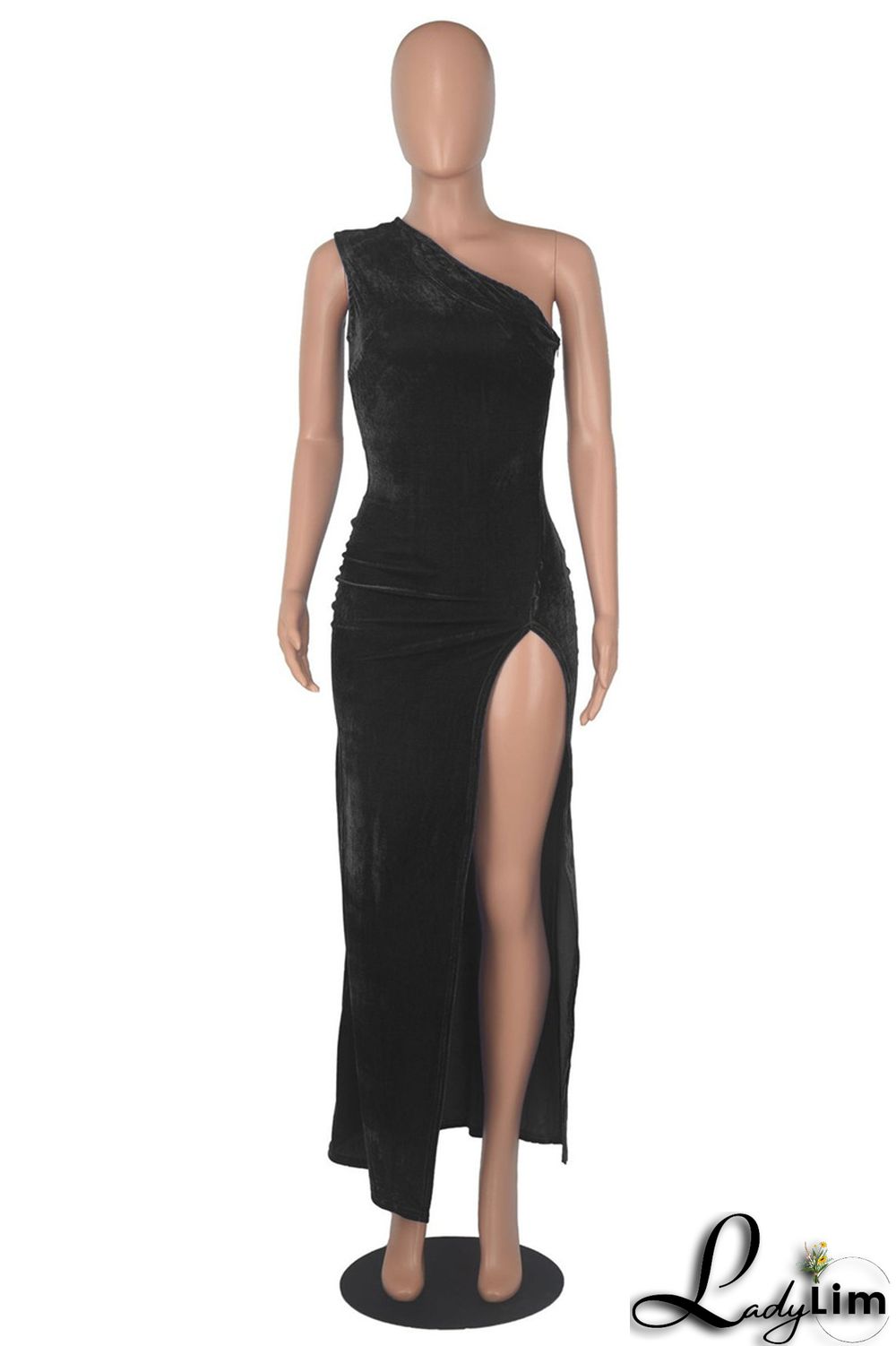 Blue Fashion Sexy Solid Backless Slit Oblique Collar Sleeveless Dress