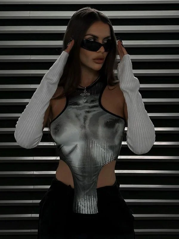 Uveng 2024 New Body Print Round Collar Hottie Vest Trend Personality Street Leisure Short Top