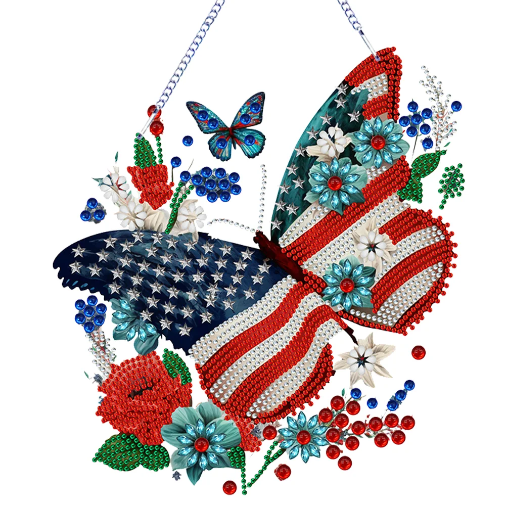 DIY Independence Day Butterfly Single-Side Acrylic Diamond Painting Dots Pendant Decor