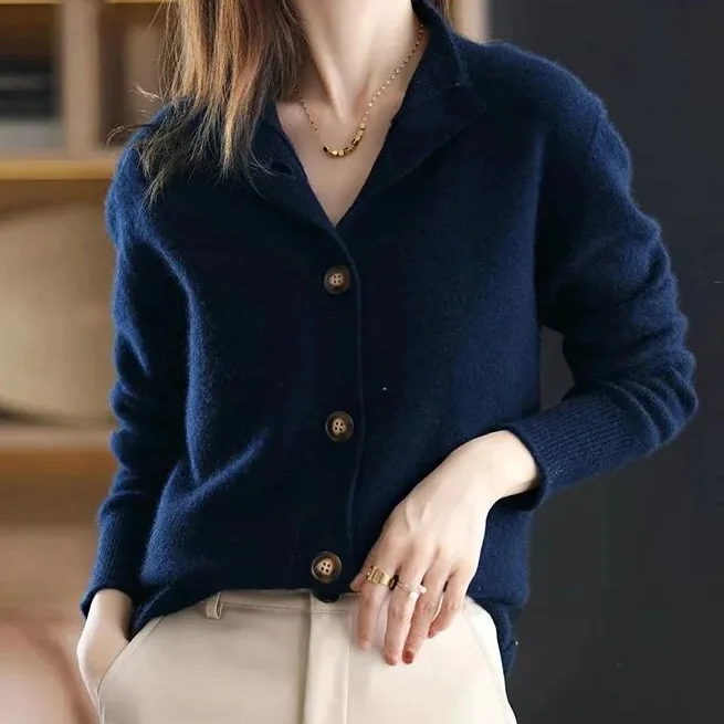 Vintage Solid Color Buttoned Turtleneck Cardigan