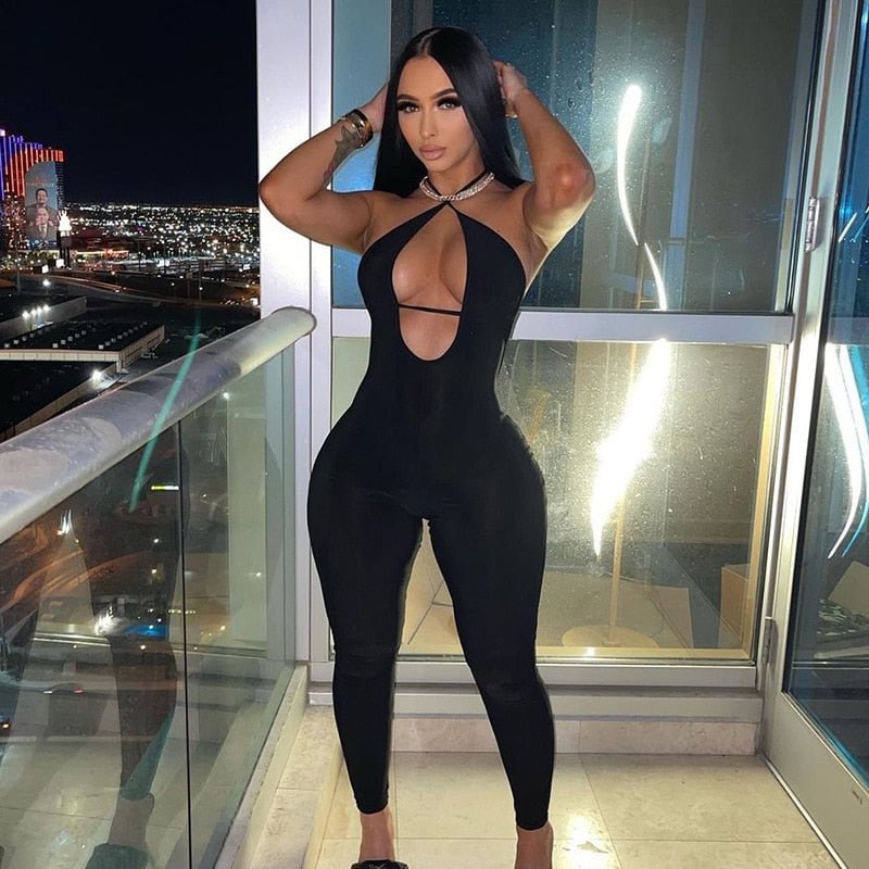 Women Charming Sexy Middle Ribbons Baddie Style Jumpsuit Cleavage One Pieces Sheath Sleeveless Halter Lace Up Clubwear Hot