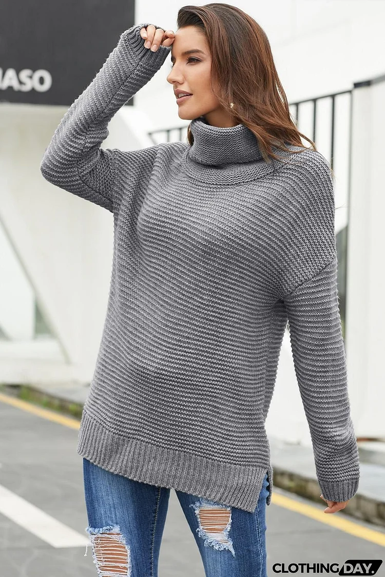 Women Gray Cozy Long Sleeves Turtleneck Sweater