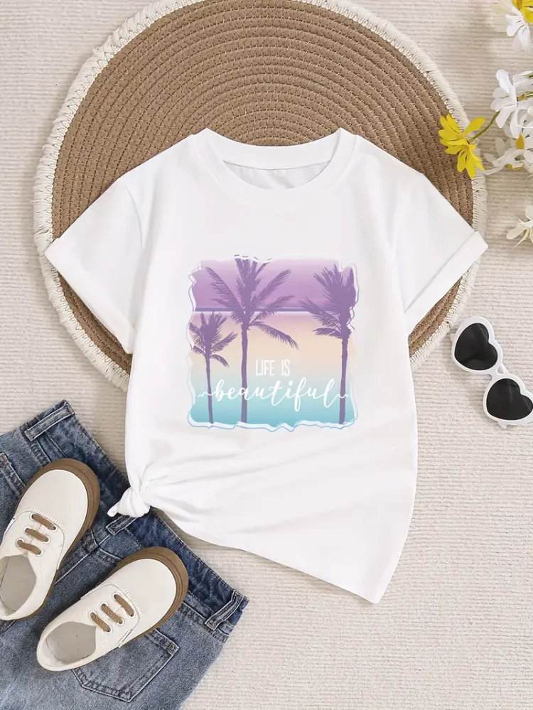 Girls Summer Beach Print T-Shirt - Super Comfortable & Stylish Crew Neck Top - Lightweight  Durable & Perfect Fit for Outdoor Adventures - An Ideal Gift for Trendy Girls