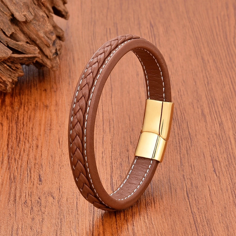 Minimalist Classic Style Commute Solid Color 316L Stainless Steel Leather Rope Unisex Bracelets