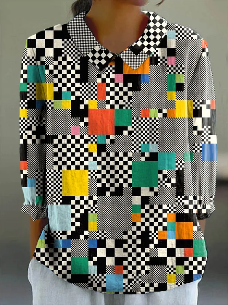 Women's Abstract Geometric Pattern Art Print Casual Cotton And Linen 3/4 Sleeve Shirt