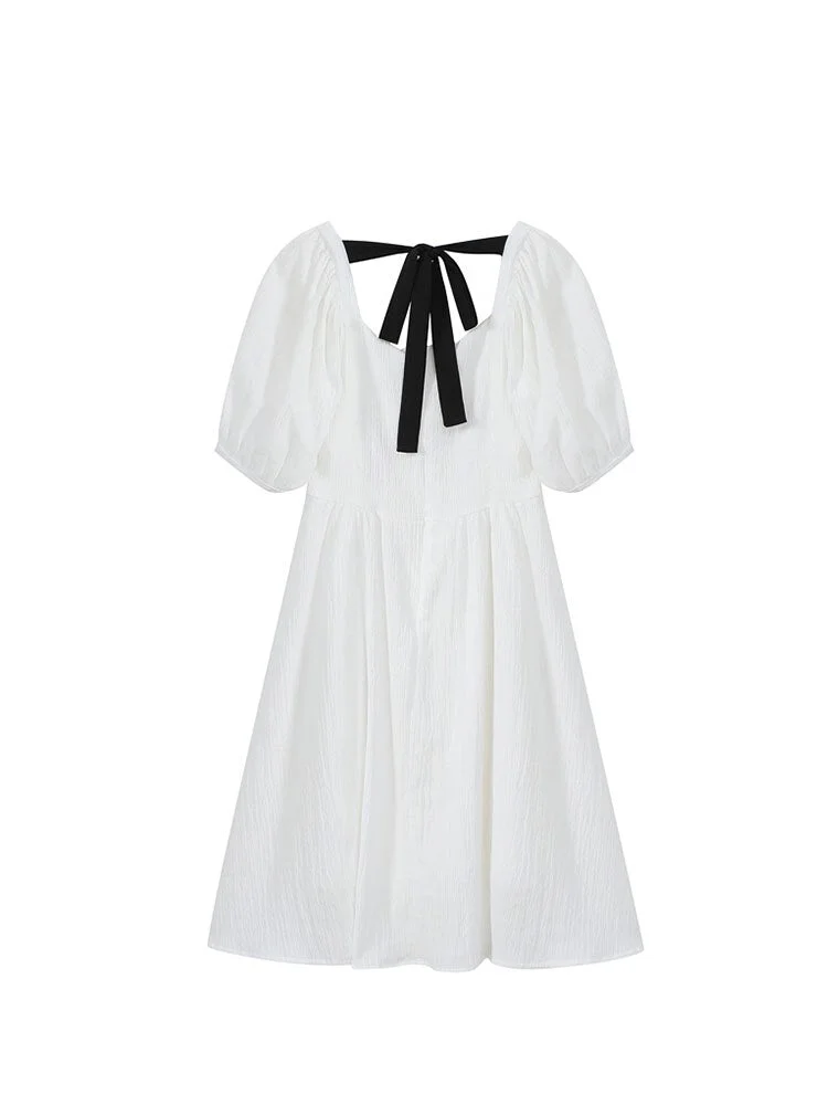 Vintage Women&#39;s Dress Female Square Collar Puff Sleeve White Dress Summer Korean Elegant Tunic High Waist A-line Mid Long Frocks