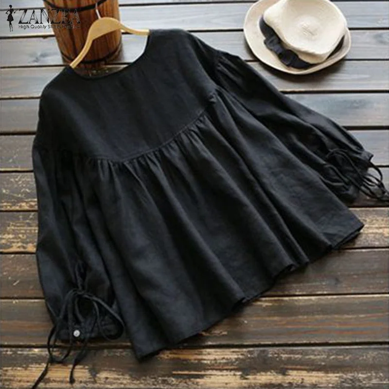 ZANZEA 2022 Spring Vintage Lantern Sleeve Blouse Women Buttons Down Solid Cotton Linen Top Tunic Ruffle Shirt Casual Blusas Robe