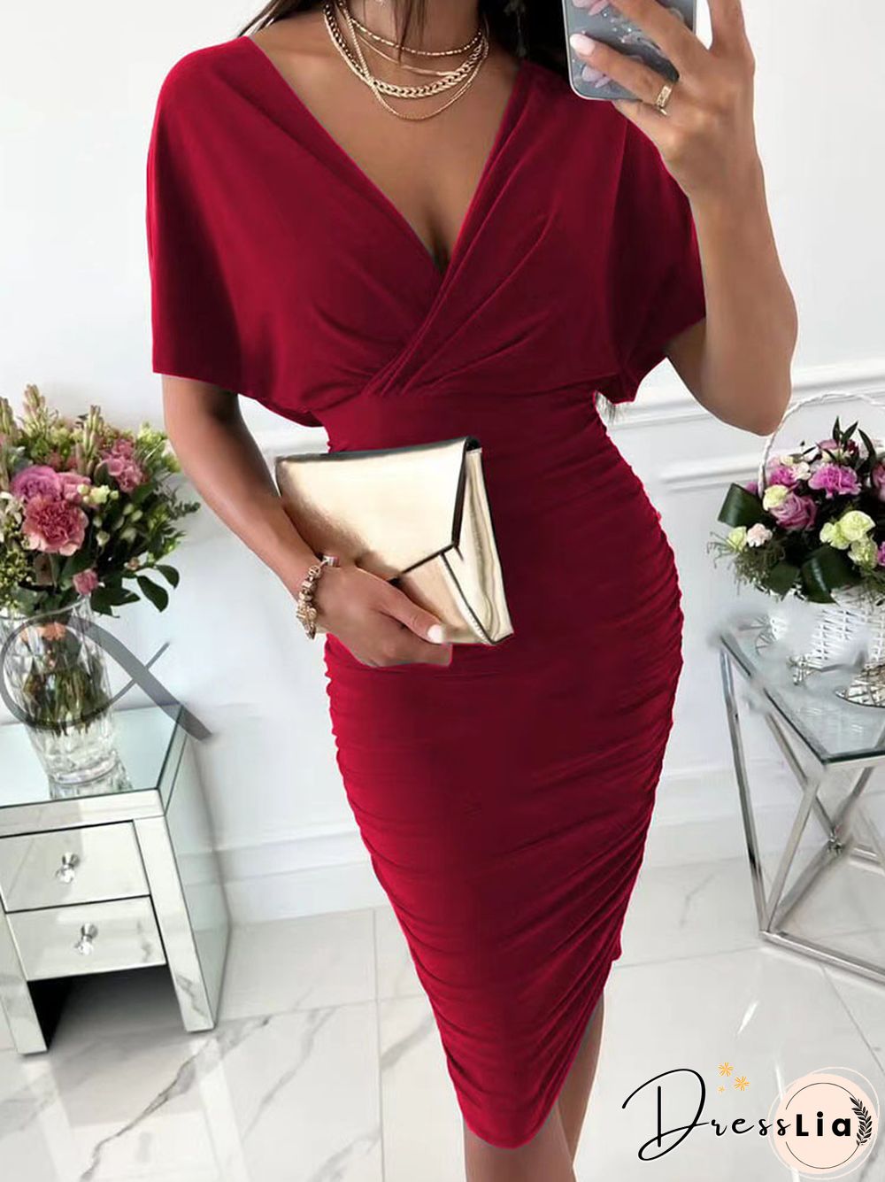 Summer Elegant Short Sleeve Chic V-Neck Mid Length Dress Lady Sexy Solid Tight Party Dress Fashion Temperament Slim Office Dress